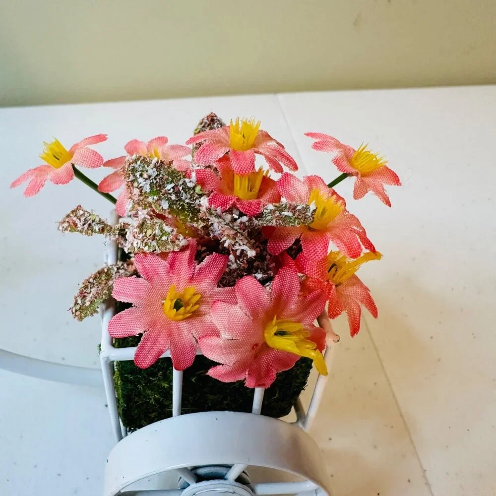 Floral Bicycle decoration flowers in baskets spinning front wheel Spring decor